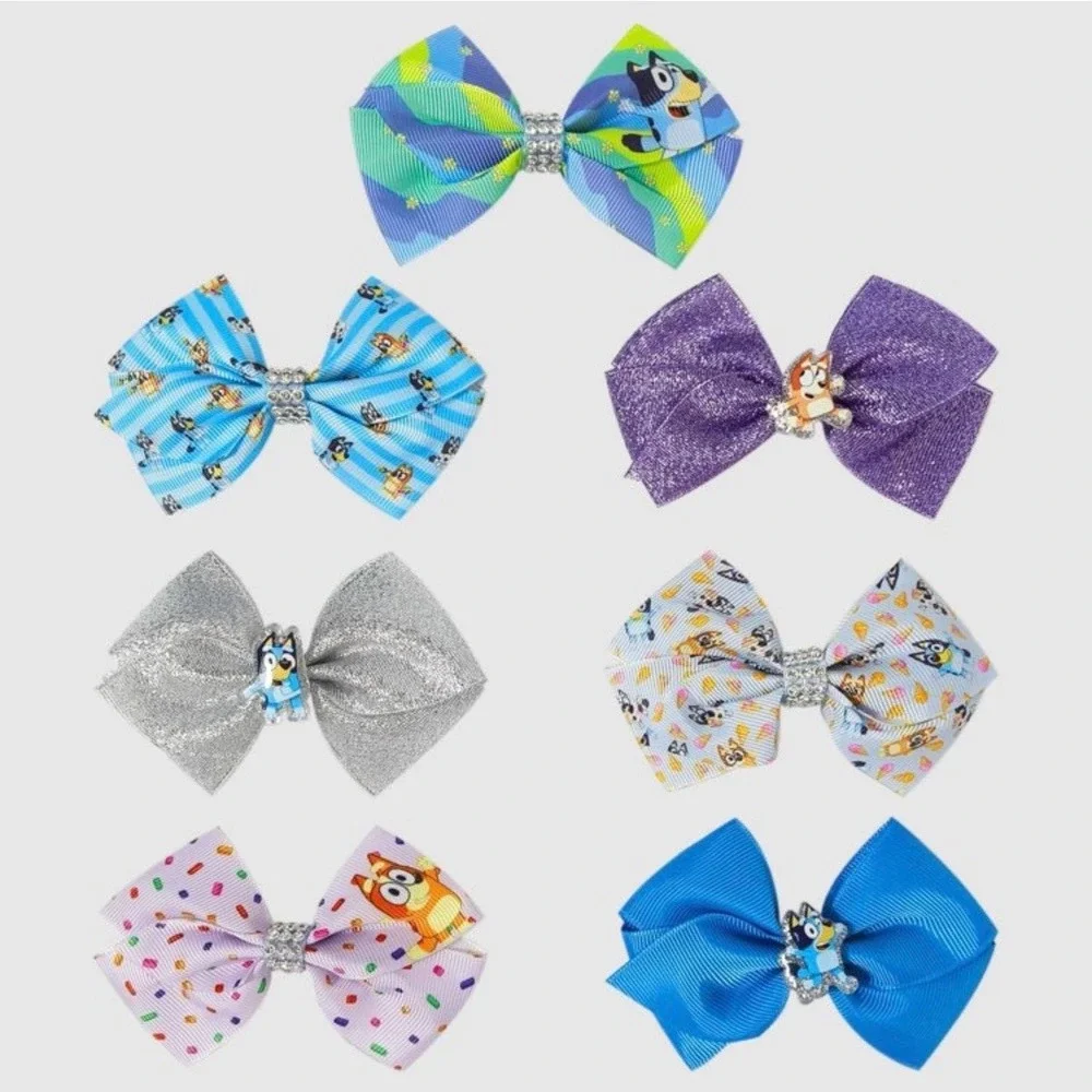 Bluey‎ Bingo 7 Piece Hair Bow Set Kids Alligator Clips Multicolor Glitter Ribbon